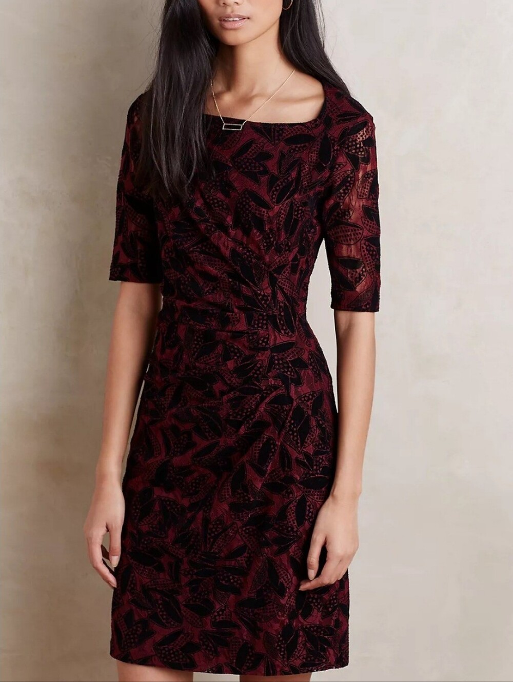 Anthropologie × Maeve Elorn Burgundy & Black Floral Lace Sheath Dress Ruched 2